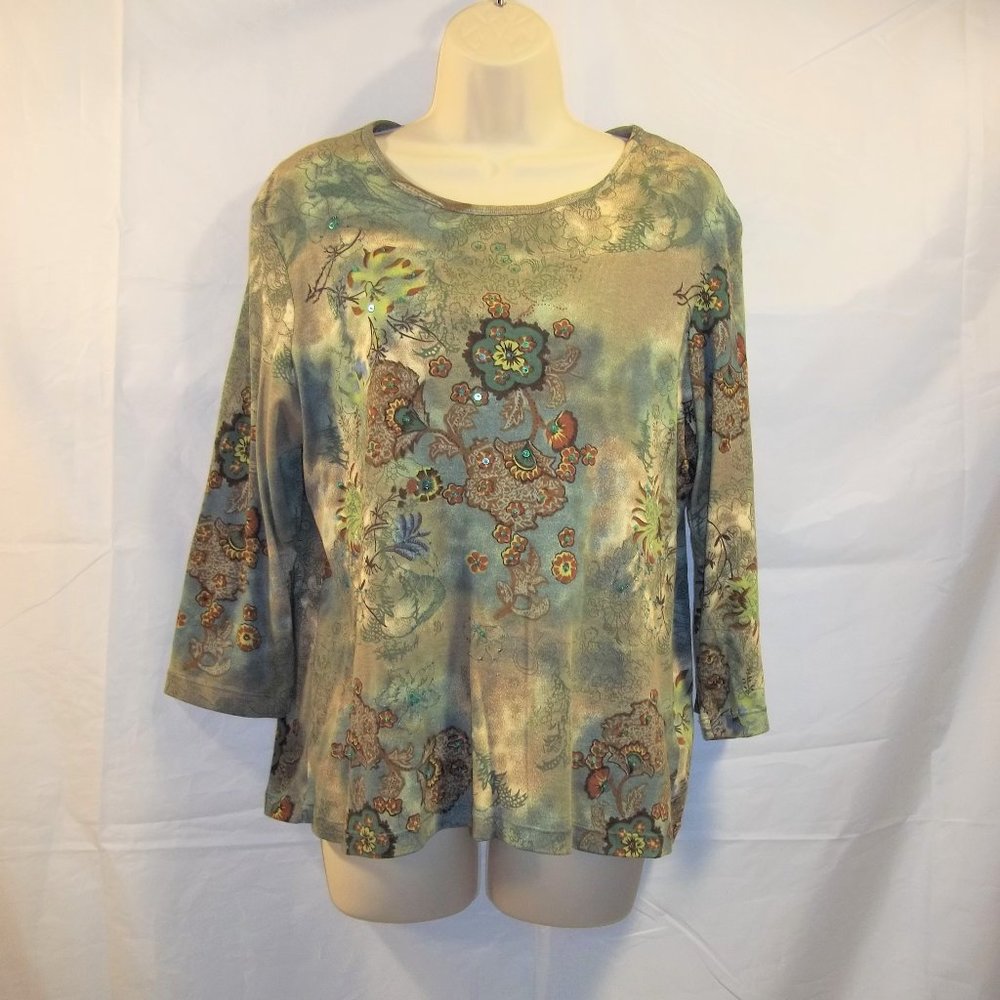 Sonoma Life + Style Womens Top Blouse Size Large Floral Sequins Casual Blue Tan